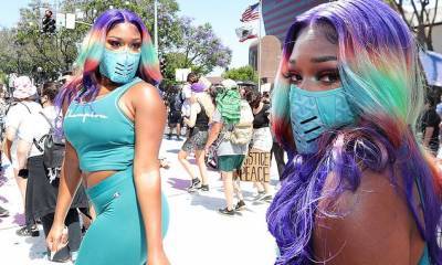 Eric Garcetti - Megan Thee-Stallion - Megan Thee Stallion wears rainbow wig and mask to attend BLM + Pride protest in West Hollywood - dailymail.co.uk
