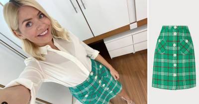 Holly Willoughby - Holly Willoughby wears chic sheer white blouse and stylish checked skirt on This Morning that's now 50% off - ok.co.uk