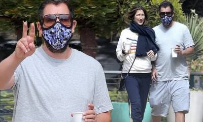 Adam Sandler - Adam Sandler wears face mask as he and wife Jackie grab coffee to go on outing in Malibu - dailymail.co.uk - city Malibu - city Sandler