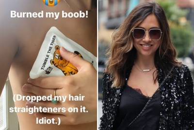 Myleene Klass horrified as she burns her boob with hair straighteners as she rushes to get ready for work - thesun.co.uk