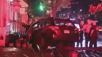 Police searching for driver after car jumps curb, burst into flames in Society Hill - fox29.com