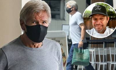 Gavin Newsom - Harrison Ford masks up to pick up healthy lunch in Brentwood - dailymail.co.uk - Los Angeles - state California - city Los Angeles - county Los Angeles - county Harrison - county Ford