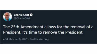 Donald J.Trump - Charlie Crist - Rep. Crist calls for removal of president under 25th Amendment - fox29.com - Usa