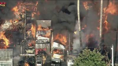 Several homes destroyed after massive fire breaks out at a Compton pallet yard - fox29.com - county Los Angeles - city Compton - city Santa Fe
