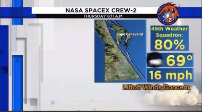 Shane Kimbrough - Megan Macarthur - Akihiko Hoshide - Thomas Pesquet - Weather conditions to improve for Crew-2 astronaut launch Thursday - clickorlando.com - state Florida - county Brevard