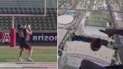 Rob Gronkowski - Rob Gronkowski catches football dropped 600 feet out of helicopter, sets world record - fox29.com - county Bay - state Arizona - city Tampa, county Bay - city Tucson