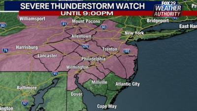 Kathy Orr - Weather Authority: Severe Thunderstorm Watch issued for most of the Delaware Valley - fox29.com - state Pennsylvania - state New Jersey - state Delaware