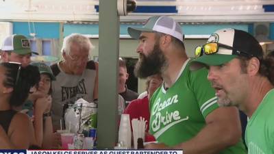 Jeffrey Lurie - Jason Kelce - Eagles center Jason Kelce serves as guest bartender to raise money for Eagles Autism Foundation - fox29.com