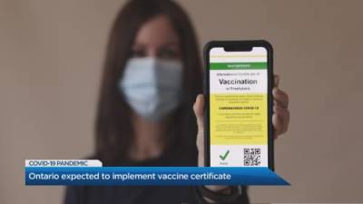 Ontario expected to implement vaccine certificate - globalnews.ca