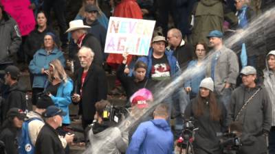 Carolyn Kury De-Castillo - Protesters at Olympic Plaza in Calgary oppose mandatory vaccinations - globalnews.ca