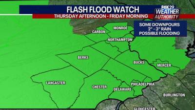 Weather Authority: Flash Flood Watch issued for parts of Pennsylvania ahead of Thursday night storms - fox29.com - state Pennsylvania - state New Jersey - county Lehigh