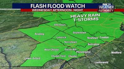 Flash flood watch issued for parts of area ahead of Wednesday storms - fox29.com - state Pennsylvania - state New Jersey - state Delaware - county Mercer
